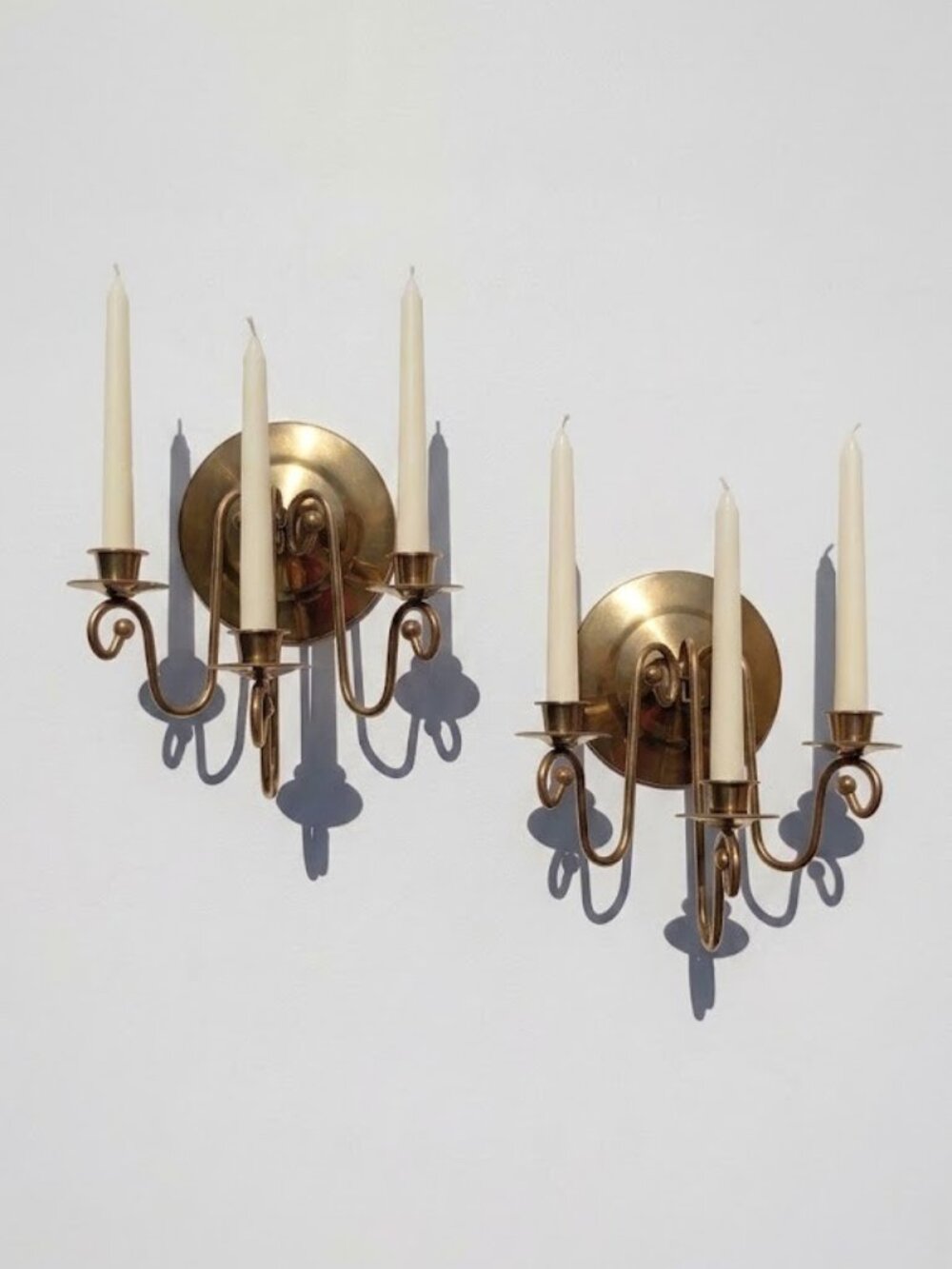 Vintage Brass Plated Wall Sconces Taper Candle Holders Pair 3 Arm Candelabras